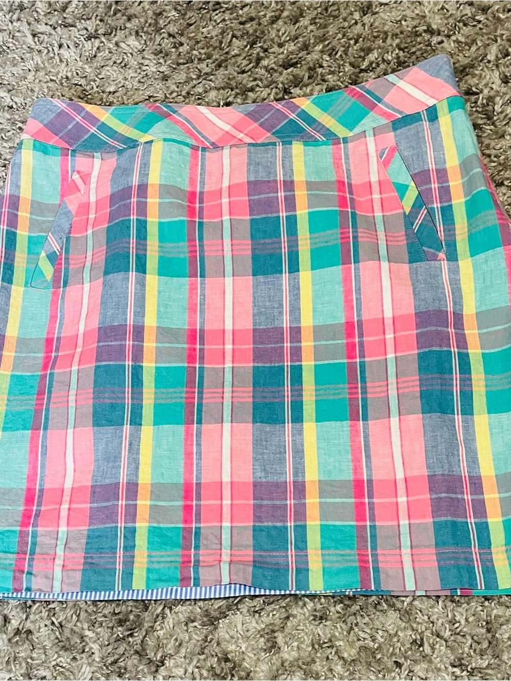 Talbots Preppy Madras Pastel Plaid Linen Blend Contrast Lining Side Zip Skirt 6